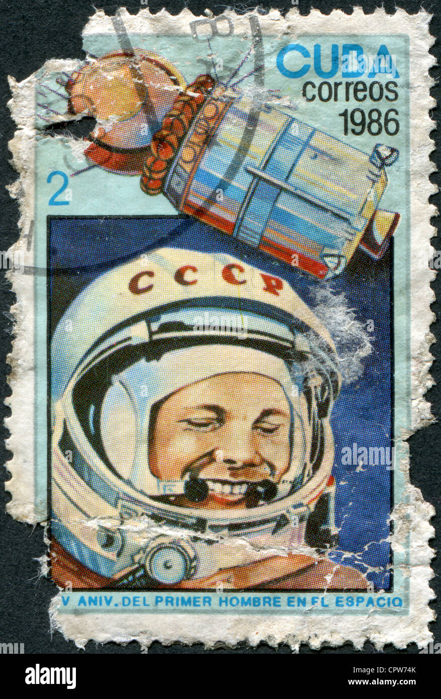 Gewidmet den 25. Jahrestag der bemannten Flug in den Weltraum, der erste Kosmonaut Yuri Gagarin und das Raumschiff Wostok 1 Stockfoto