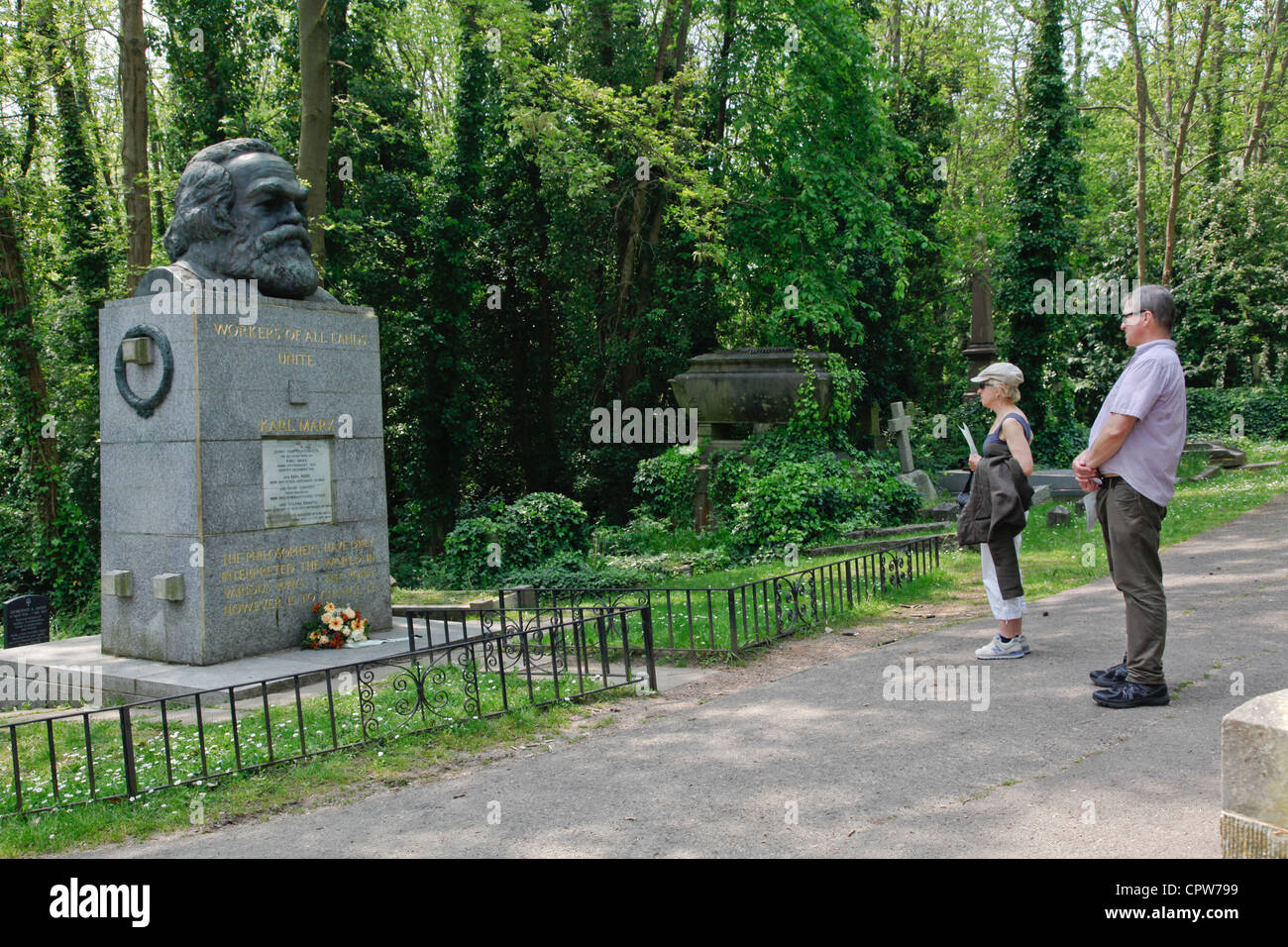 BESUCHER ZU KARL MARX GRAB IN HIGHGATE CEMETERY IN LONDON, UK Stockfoto