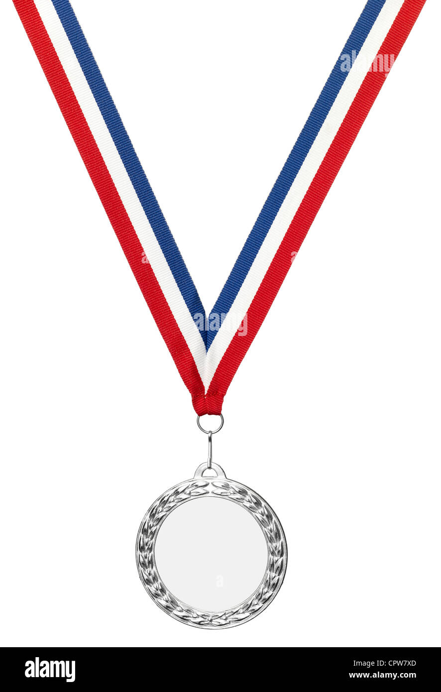 Eine Silber Olympia-Medaille mit Beschneidungspfad isoliert auf weiss Stockfoto