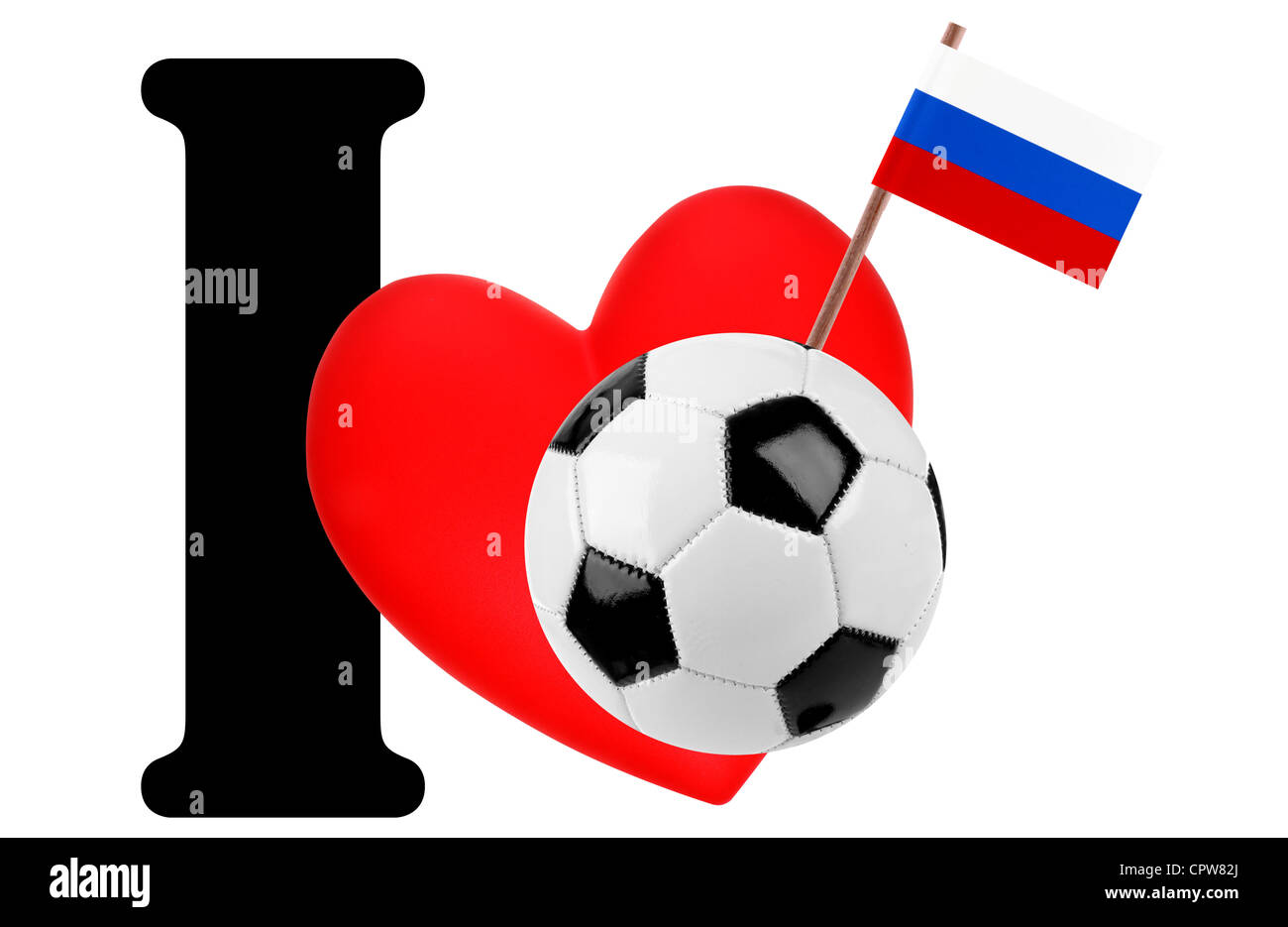 Kleine Flagge auf ein rotes Herz und das Wort ich Liebe für die Staatsflagge der Russischen Föderation Stockfoto