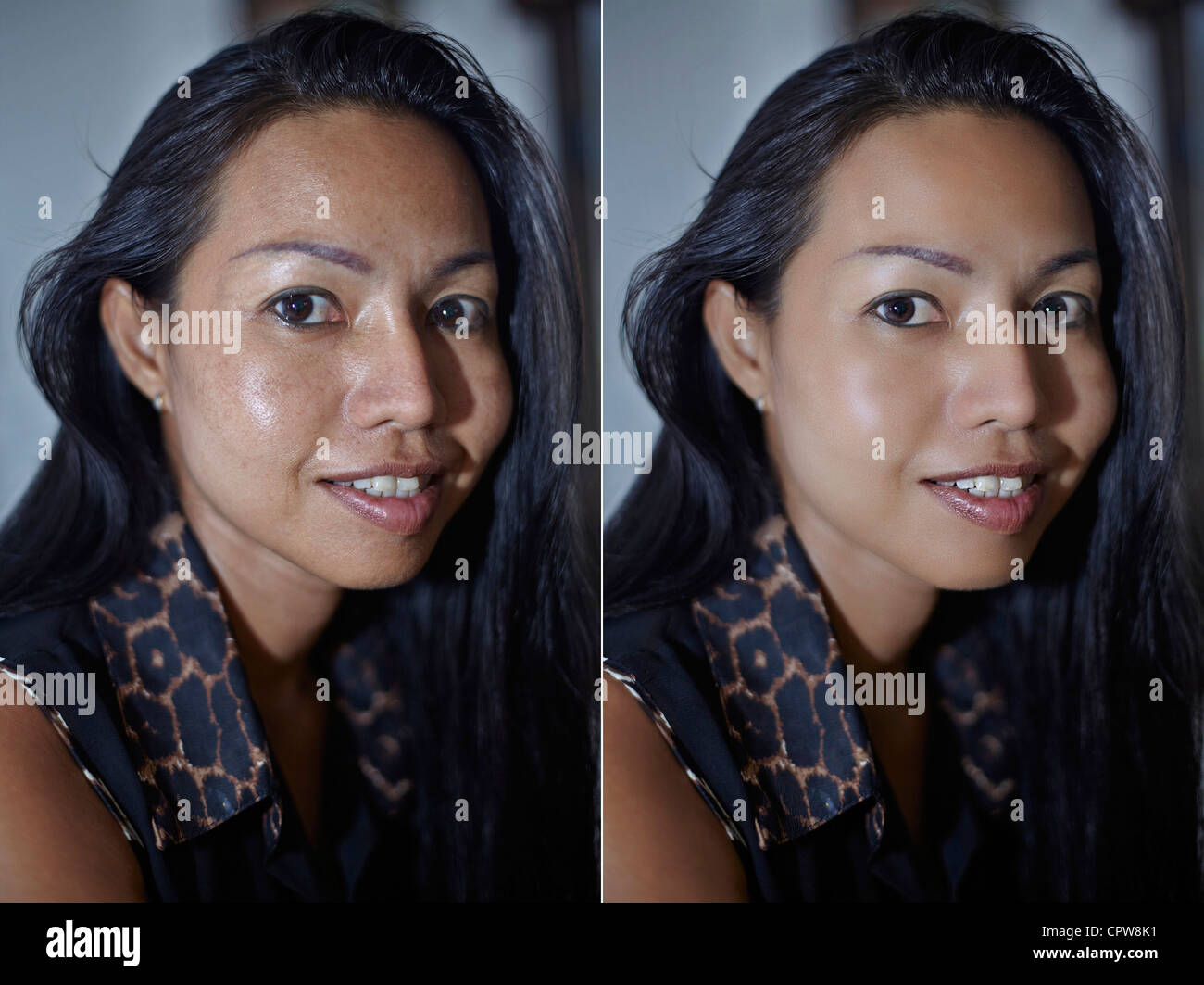 Vor und nach Photoshop-Manipulation-Bild eine 40 Jahre alte asiatische Frau Stockfoto