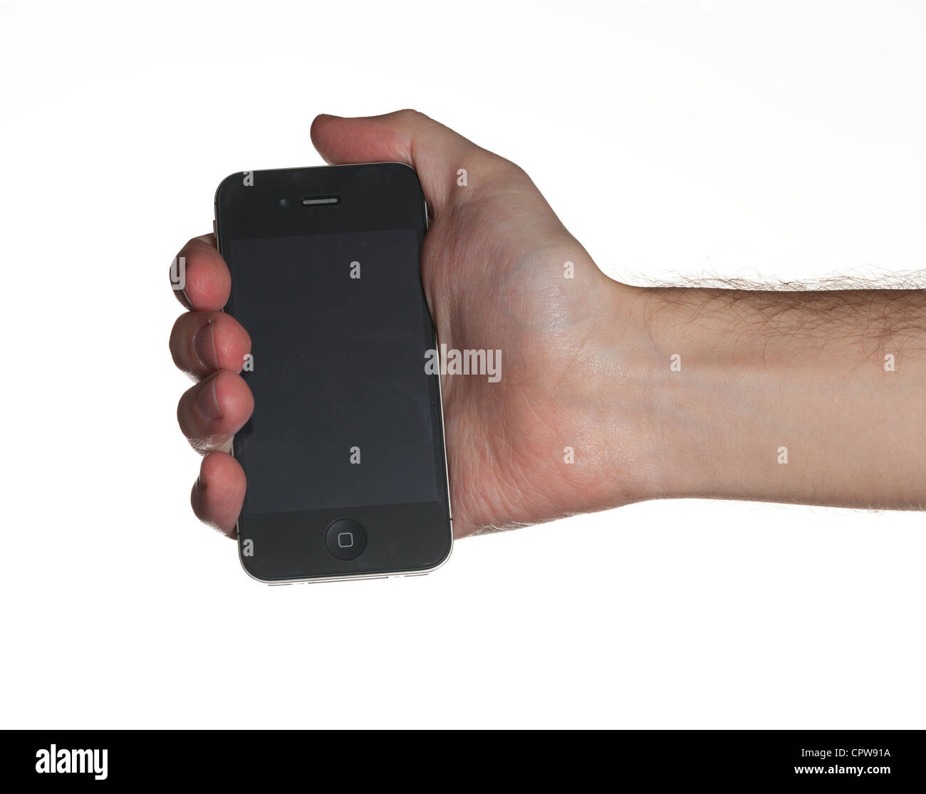 Washington DC - 1. Mai 2012. Eine behaarte männliche Hand, die ein Apple iPhone 4 s mit leerer Bildschirm Stockfoto
