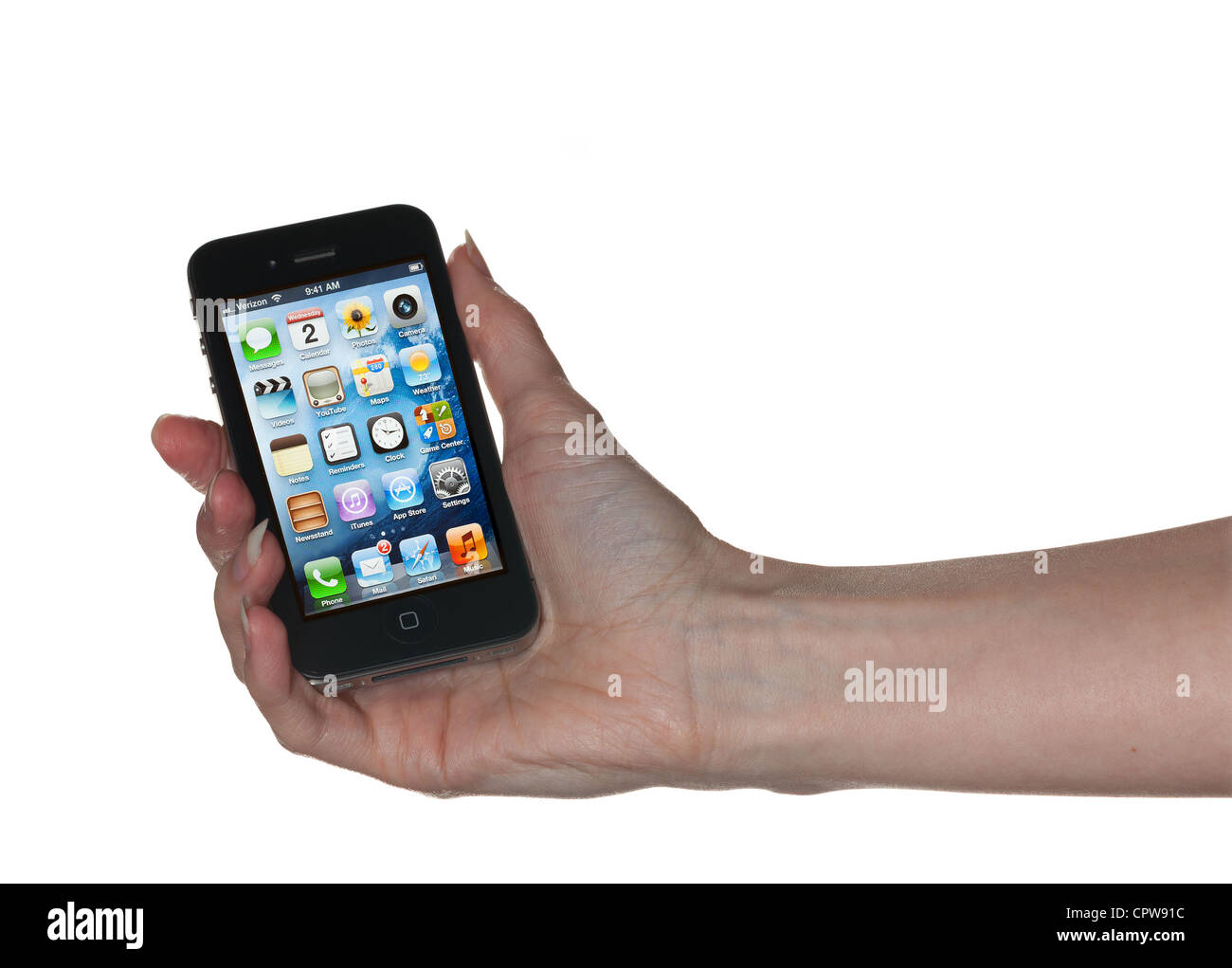 Washington DC - 1. Mai 2012. Eine elegante weibliche Hand hält ein Apple iPhone 4 s mit Verizon wireless-service Stockfoto