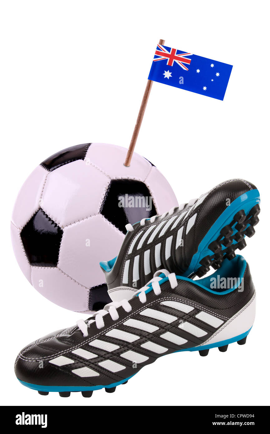 Paar Stollen oder Fußballschuhe mit einer kleinen Fahne von Australien Stockfoto