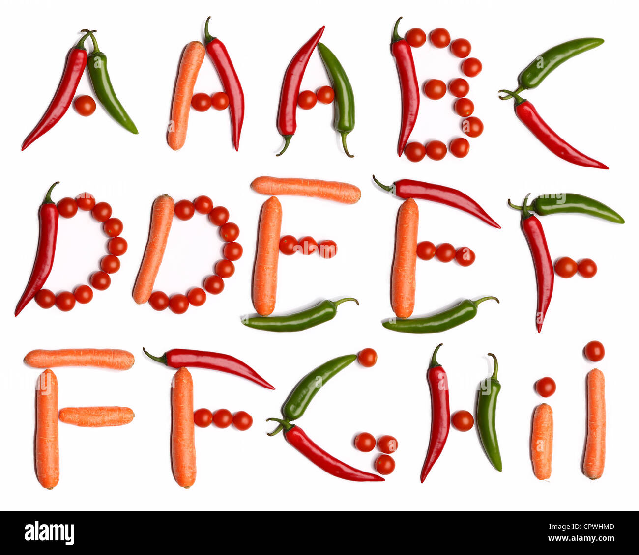 A-B-C-D-E-F-G-H-I Alphabet Buchstaben gemacht mit frischem Gemüse auf dem  weißen Hintergrund (isoliert auf weiss). Machen Sie Ihren eigenen Worten  Stockfotografie - Alamy