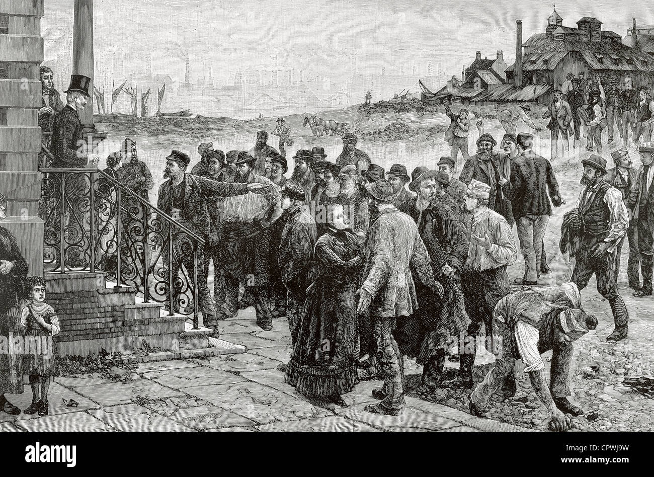 Arbeiterbewegung. Ende des 19. Jahrhunderts. Der Streik in Belgien. Die künstlerische Illustration. Kupferstich, 1886. Stockfoto