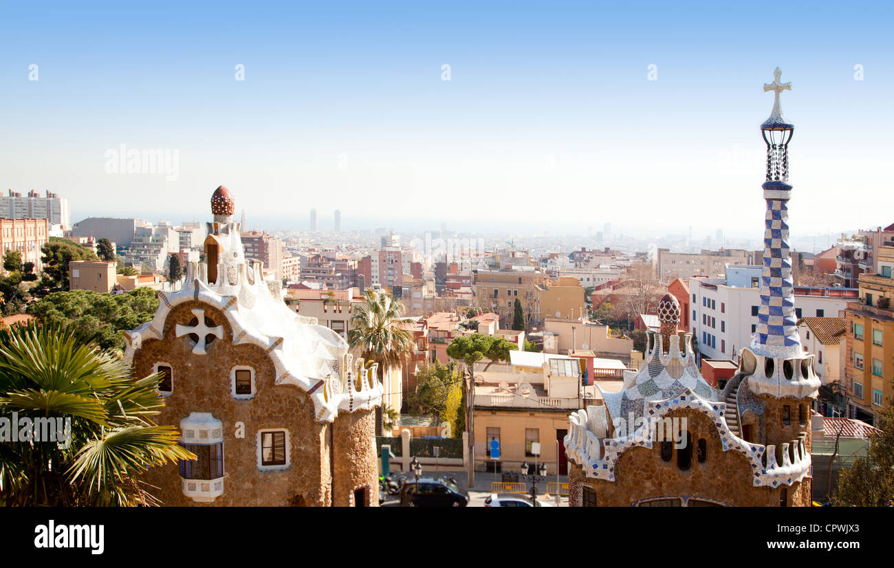 Barcelona Park Güell von Gaudi Lebkuchen und Märchen Häuser Stockfoto