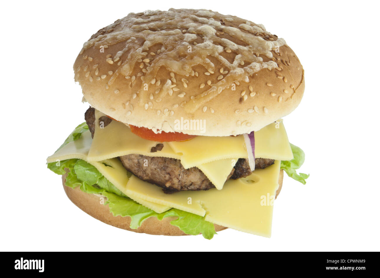 Maßgeschneiderte Cheeseburger isoliert auf weißem Hintergrund Stockfoto