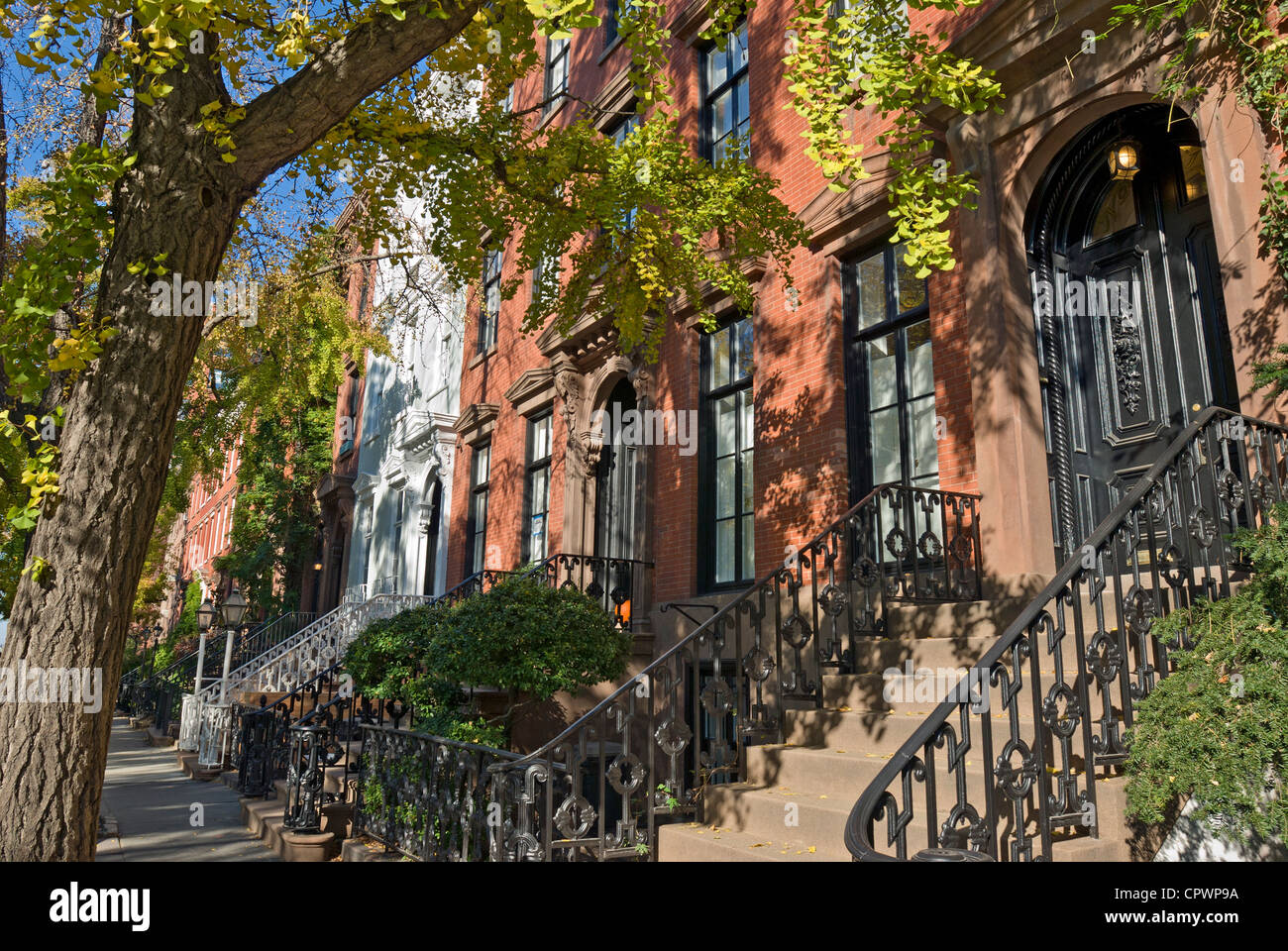Townhouses auf Leroy Street, West Village, Greenwich Village, New York City. Stockfoto