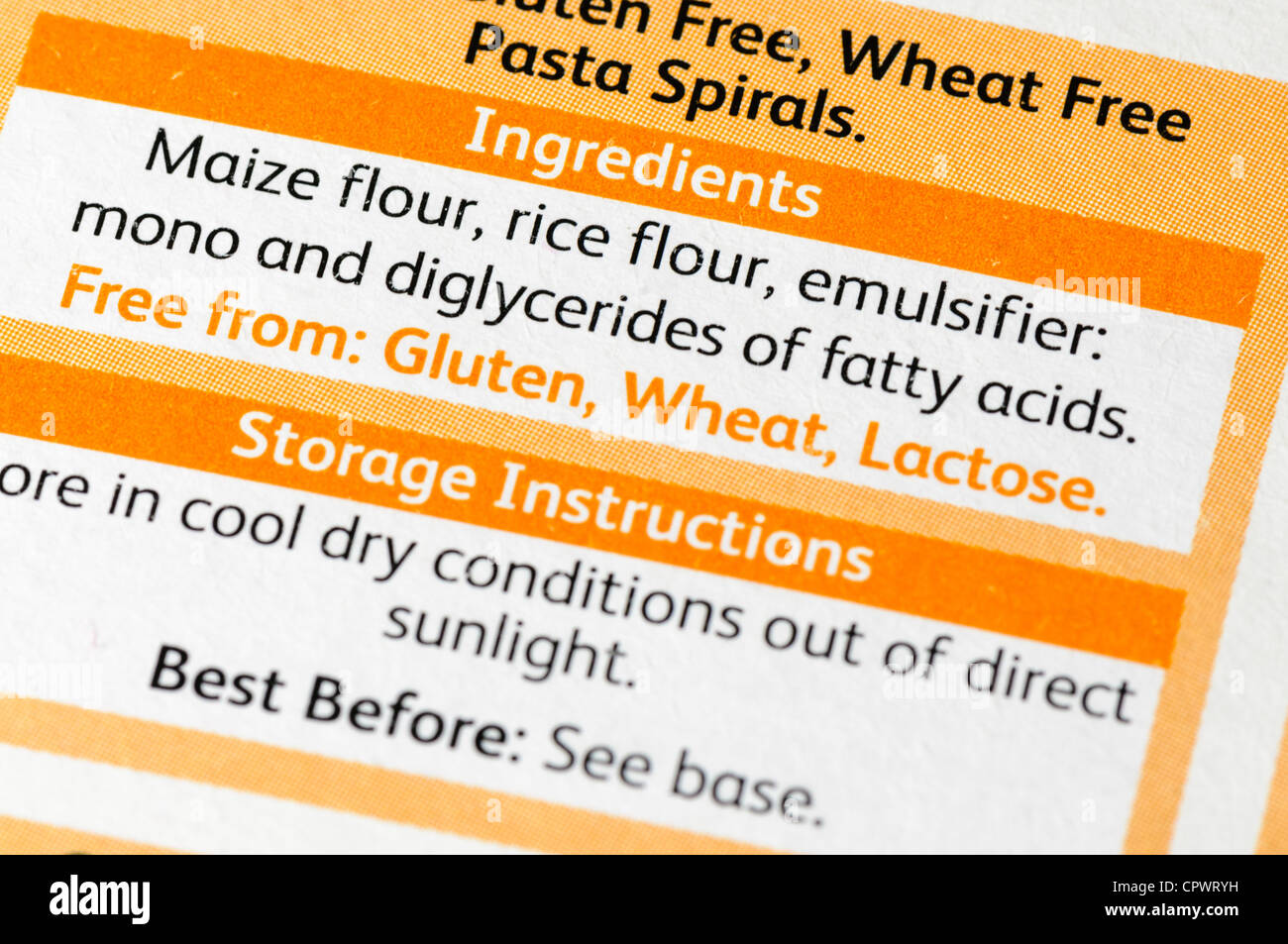 Zutaten von Gluten, Laktose und Weizen Nudeln Spiralen Stockfoto