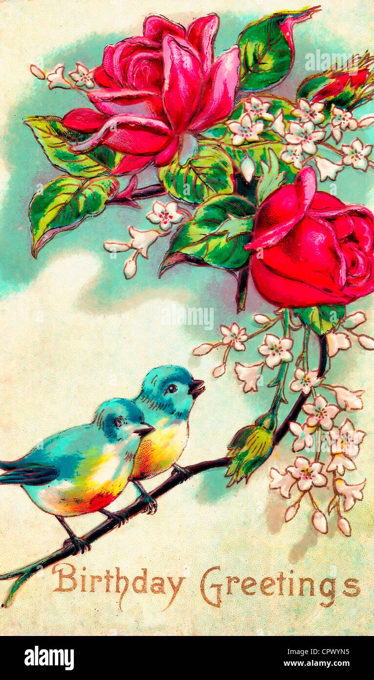 Geburtstagsgrüße - Vintage Karte mit Vögel und Blumen Stockfoto