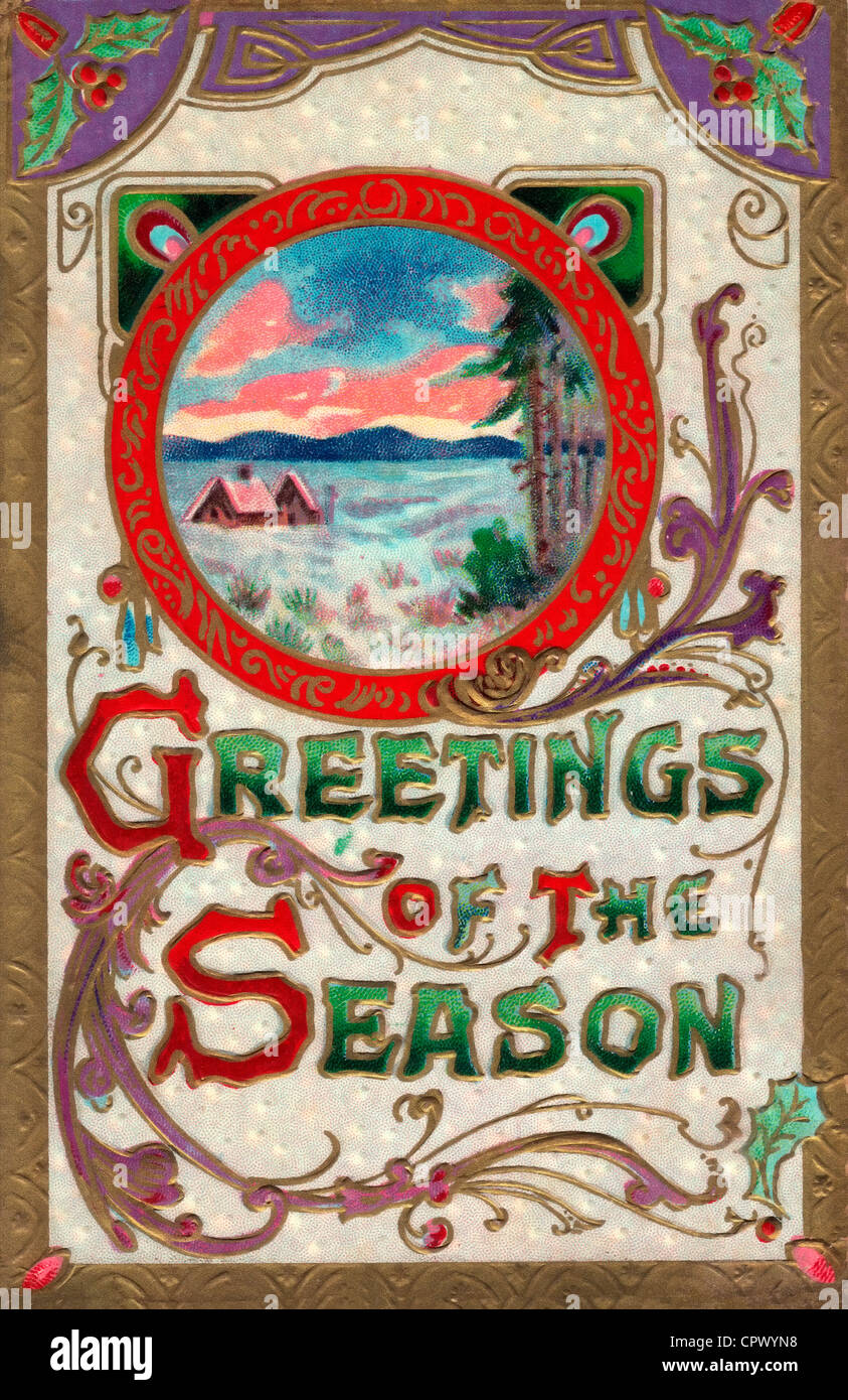 Grüße von der Saison - Vintage Weihnachtskarte mit Winterlandschaft Stockfoto