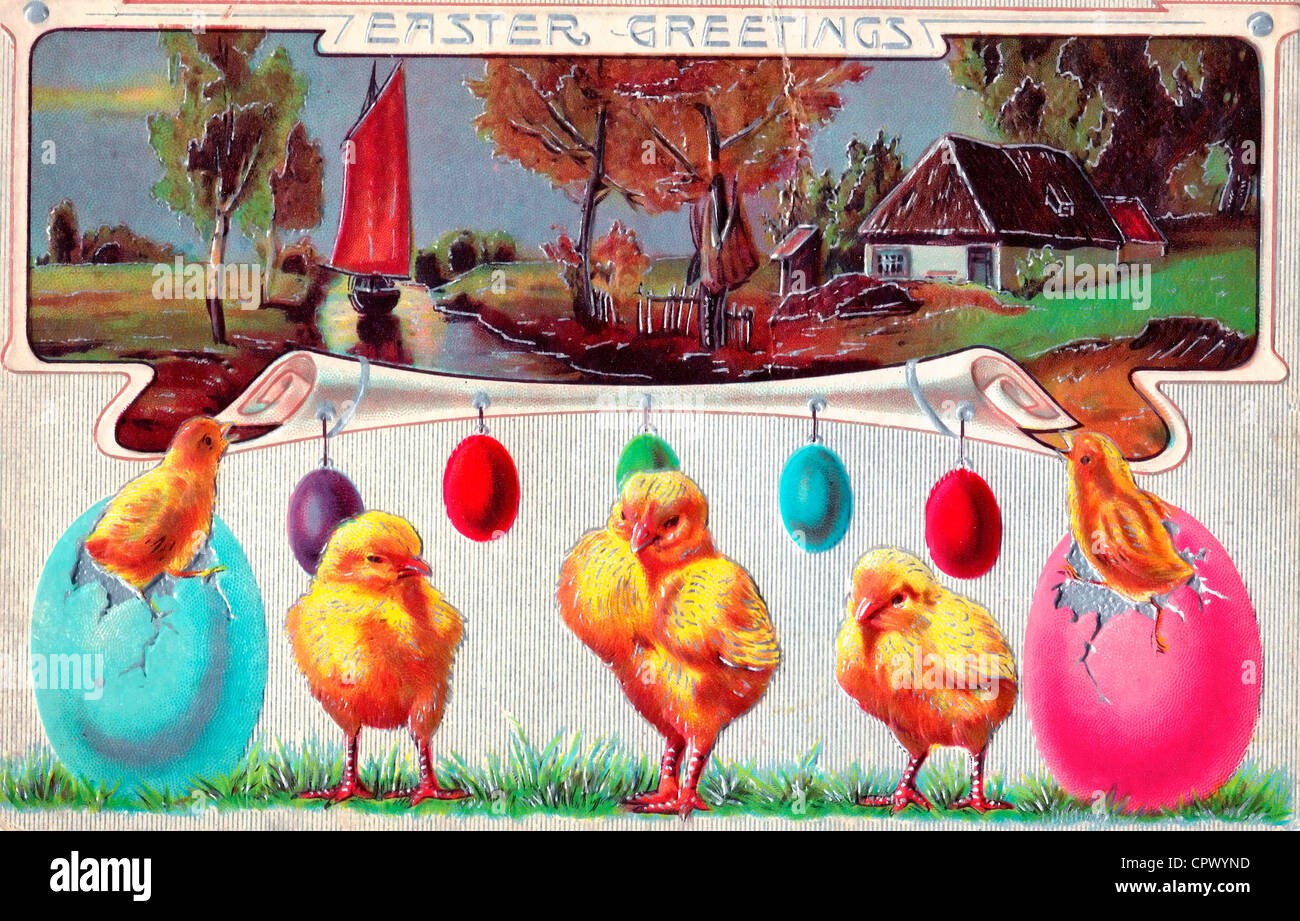 Ostergrüße - Vintage Osterkarte mit Küken, Eiern und Country-Szene Stockfoto