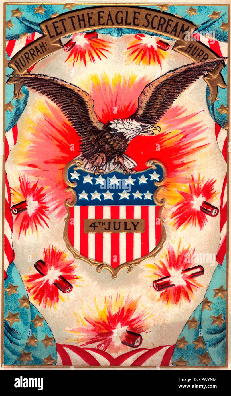 4. Juli - lassen der Eagle-Schrei - Adler tragen amerikanische Flagge Shild während um ihn herum explodierende Feuerwerkskörper Stockfoto