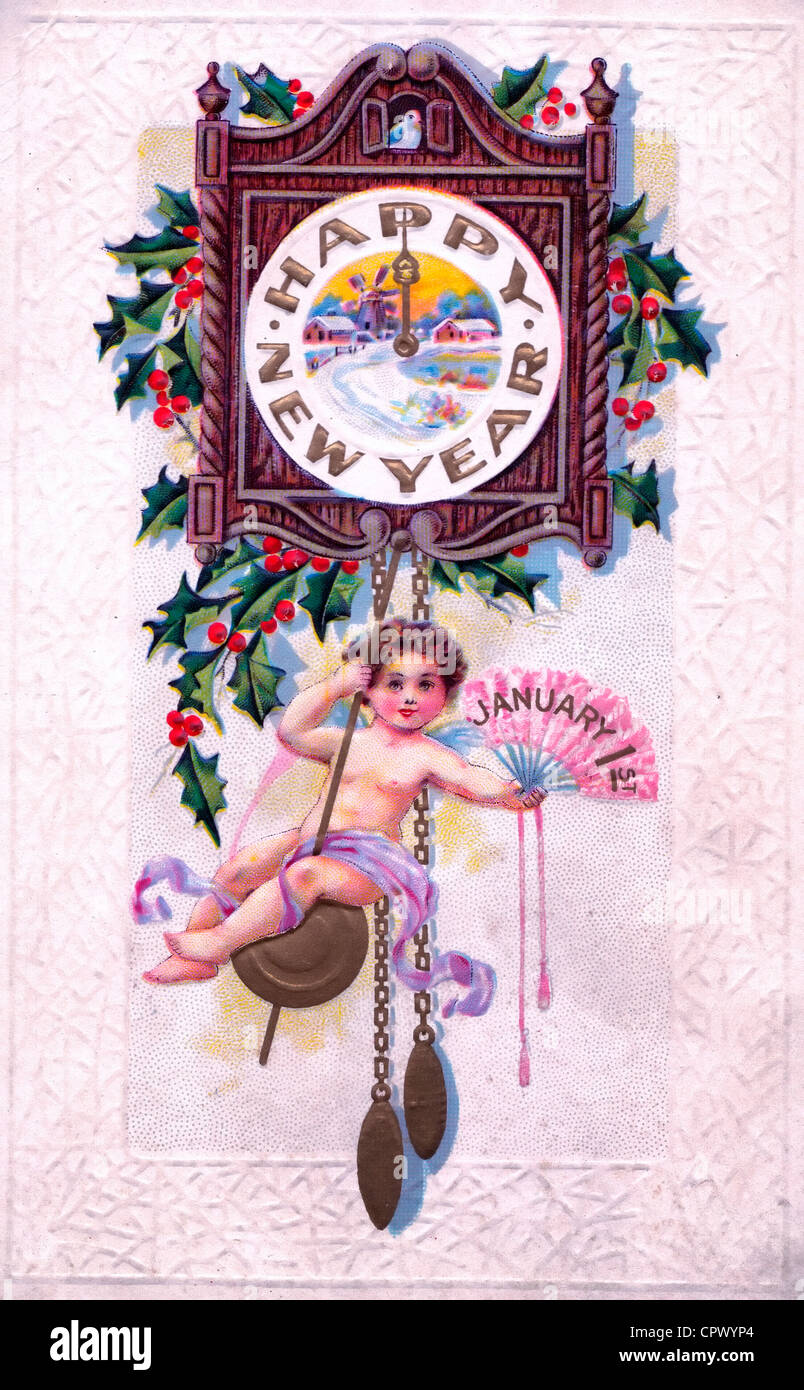 Glückliches Neujahr - 1. Januar mit Baby auf Uhr - Vintage Karte Stockfoto