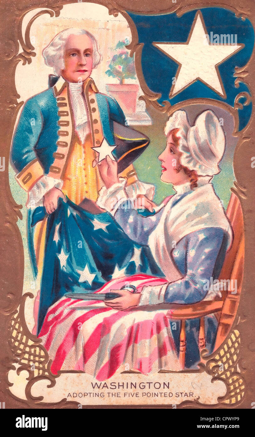 Einführung der 5-Punkt-Star - eine Illustration von George Washington und Betsy Ross entwerfen die amerikanische Flagge Washington Stockfoto