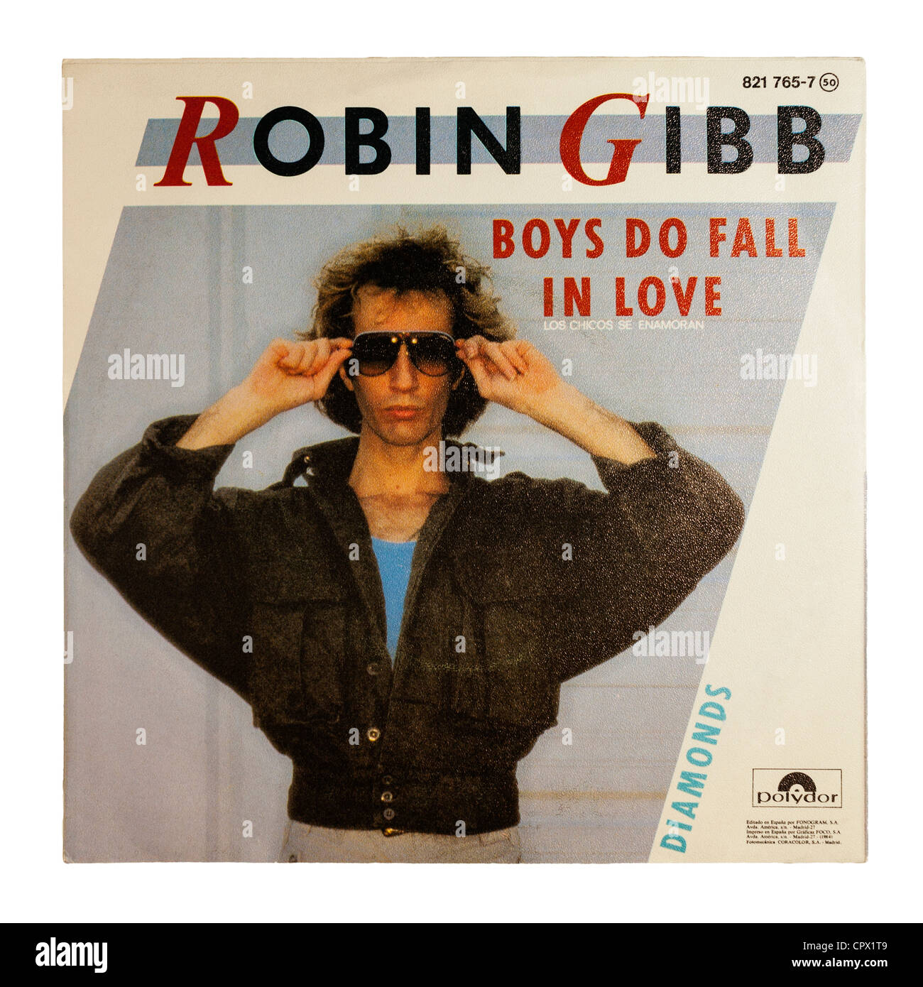 Eine einzige Schallplatte von Robin Gibb von den Bee Gees auf dem Label Polydor auf weißem Hintergrund Stockfoto