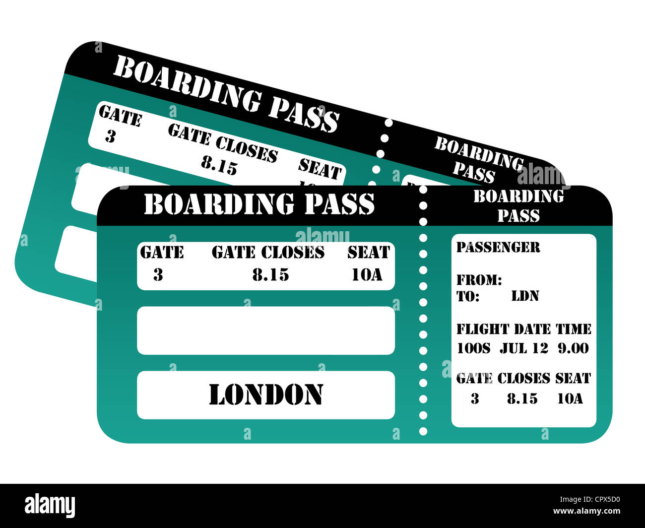 London 2012-boarding-Pass isoliert auf weißem Hintergrund. Stockfoto