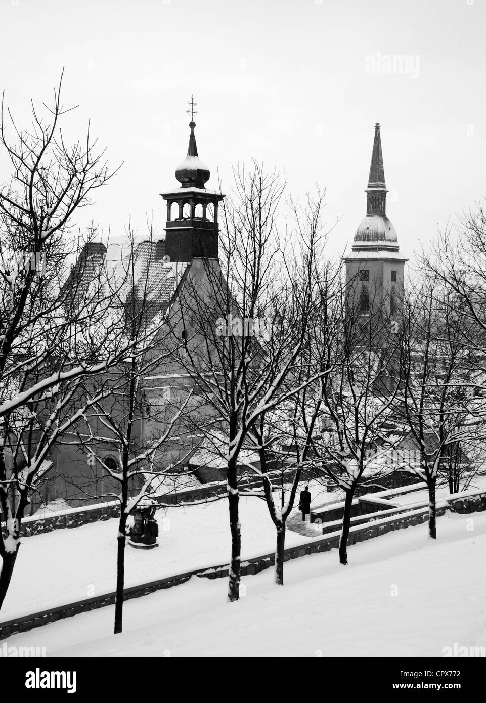 Bratislava - Ausblick vom Burgberg, Dom und St.-Nikolaus-Kirche im winter Stockfoto