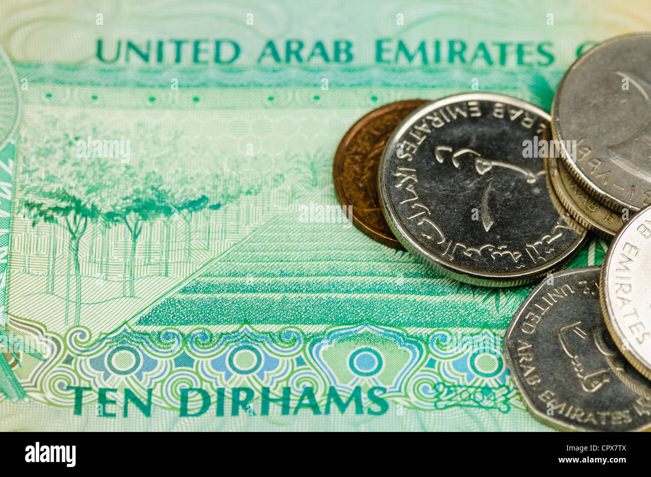 Vereinigte Arabische Emirate UAE Dirham Banknoten und Münzen Stockfoto