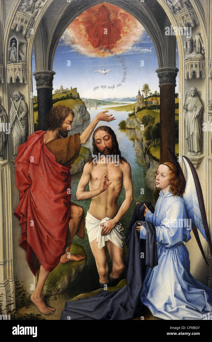 Gotische Kunst. Flandern. Rogier van der Weyden. Saint John Baptist Altarbild, 1455-1460. Die Taufe Christi. Stockfoto