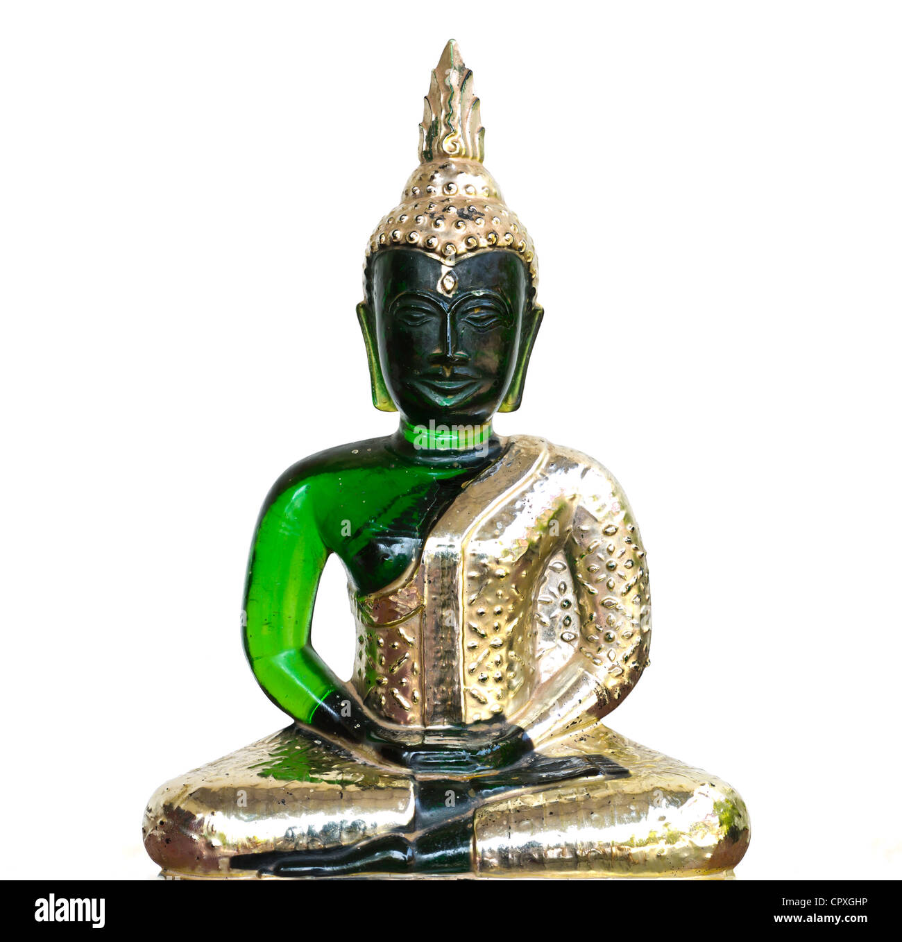 Smaragd-Buddha-Statue auf weißem Hintergrund Stockfoto