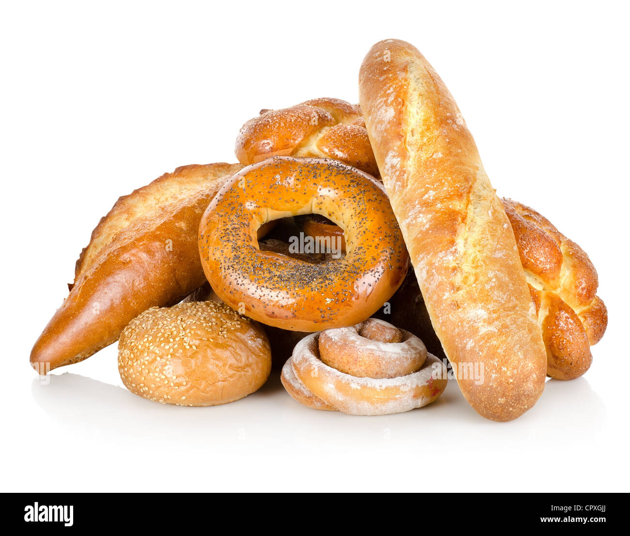 Sammlung von verschiedenen Brotsorten aus der Bäckerei isoliert auf weißem Hintergrund Stockfoto