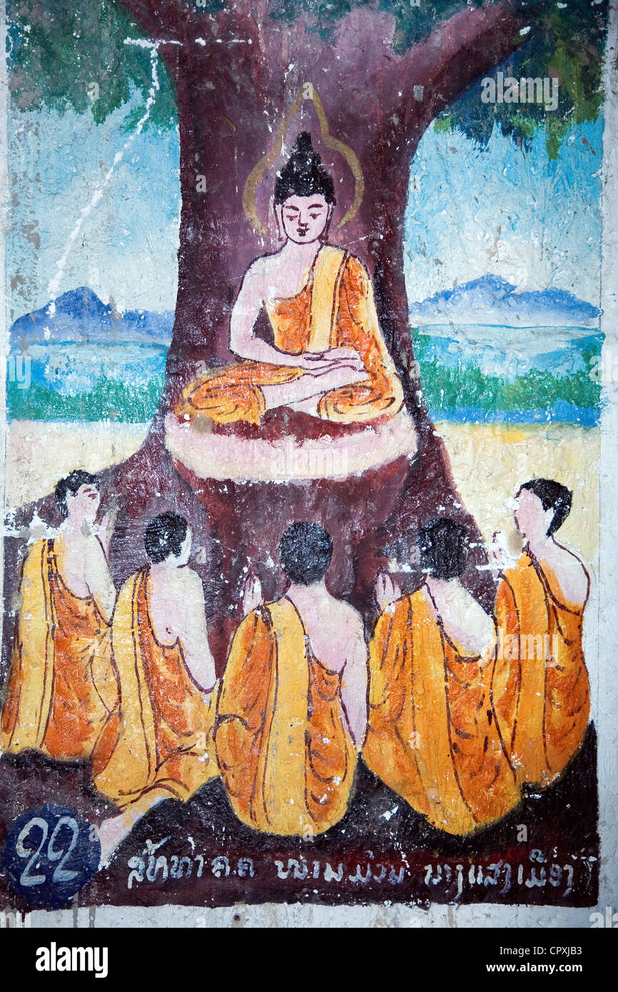 Laos, Sainyabuli Provinz, Hongsa, Wandmalerei aus dem Leben des Buddha in einem kleinen ländlichen Tempel Stockfoto