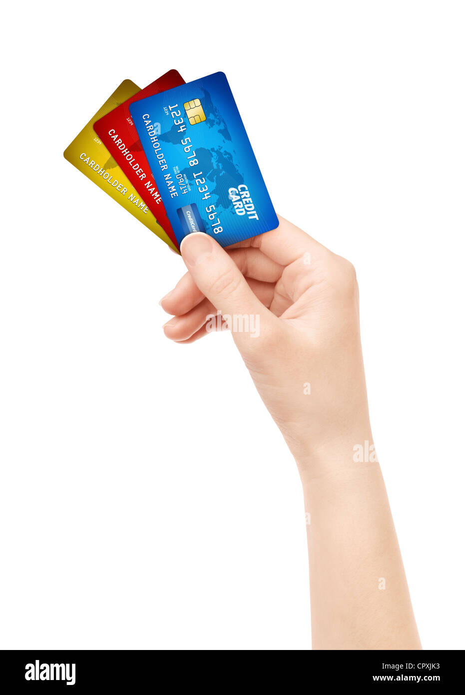 Frau Hand mit Pack Kunststoff Kreditkarte. Isoliert auf weiss. Stockfoto