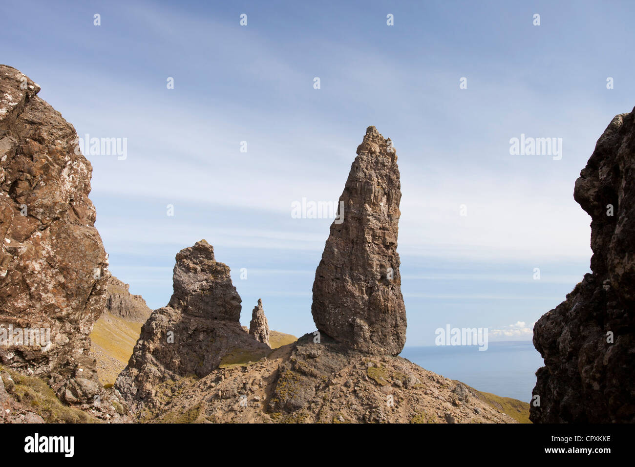 Der Old Man of Storr auf der Halbinsel Trotternish, Isle Of Skye, Schottland, Vereinigtes Königreich. Stockfoto