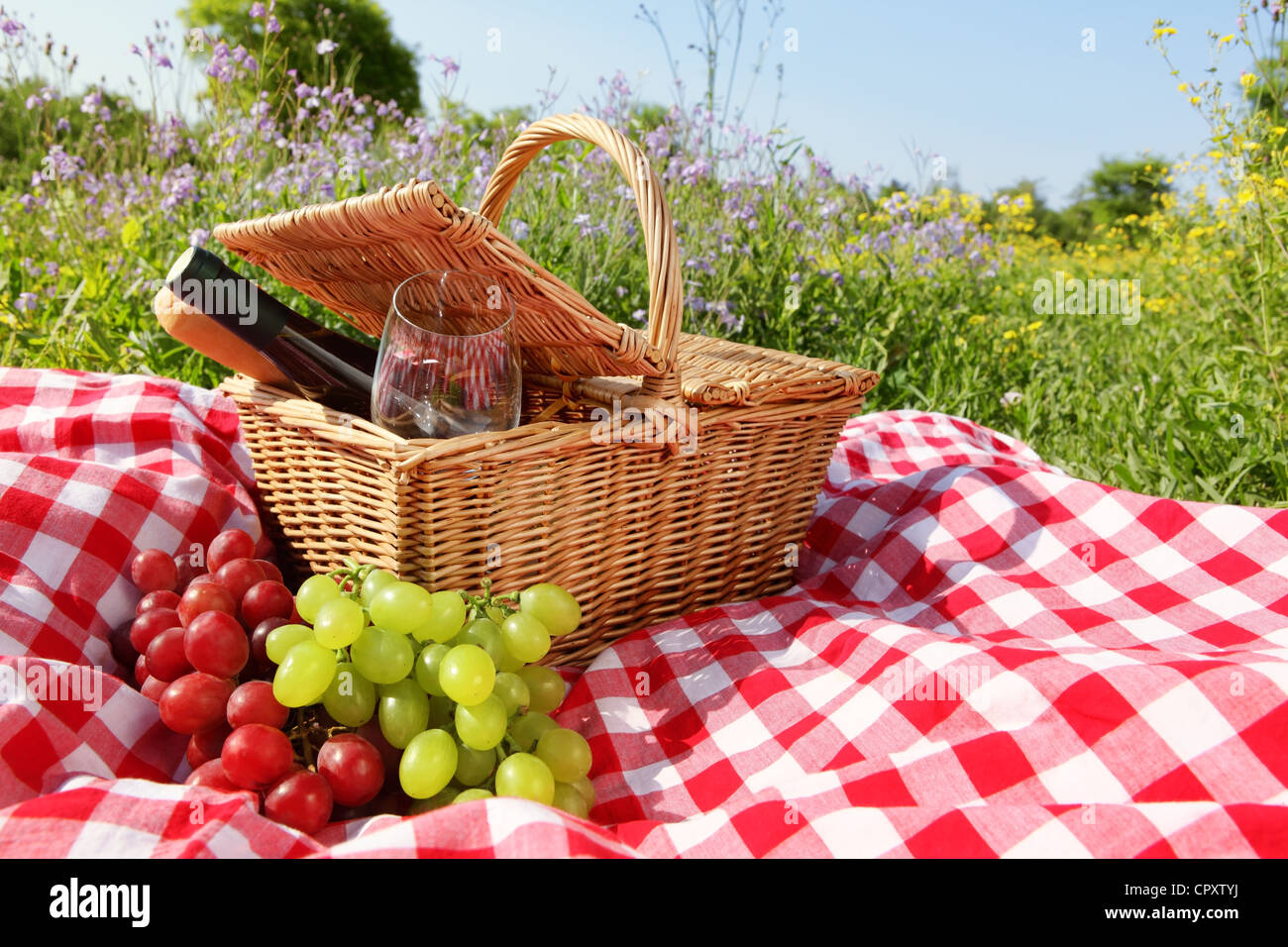 Picknick im freien Einstellung mit Wein Stockfoto