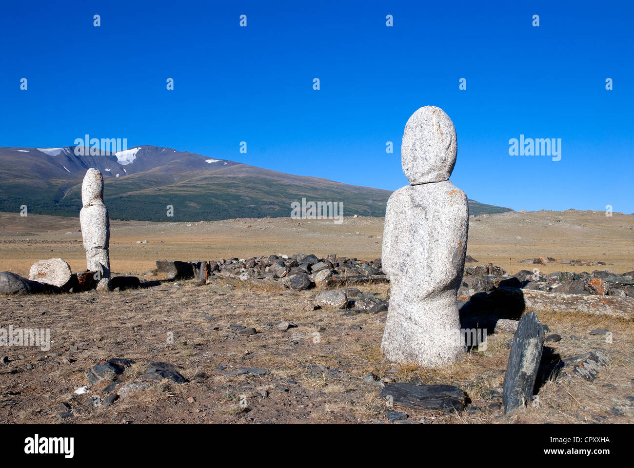 Mongolei, Bayan-Ölgii Region, Stele, einen Mann vom 4. Jahrhundert aus der Türkenzeit darstellt Stockfoto