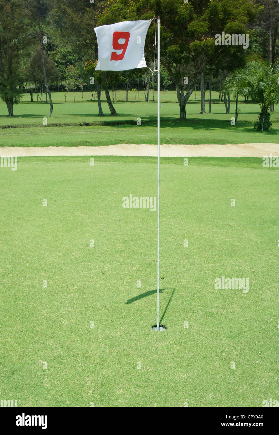 Fahne und Fahnenstange mit Schatten auf einem Golfplatz Practive grün Stockfoto