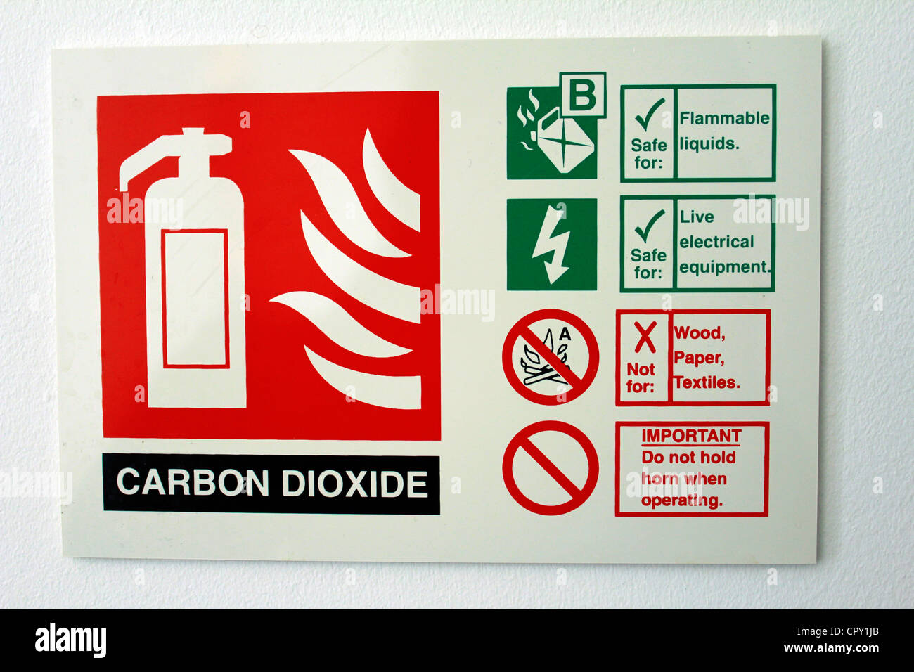 ein Etikett eine Kohlendioxid-Feuerlöscher Stockfoto