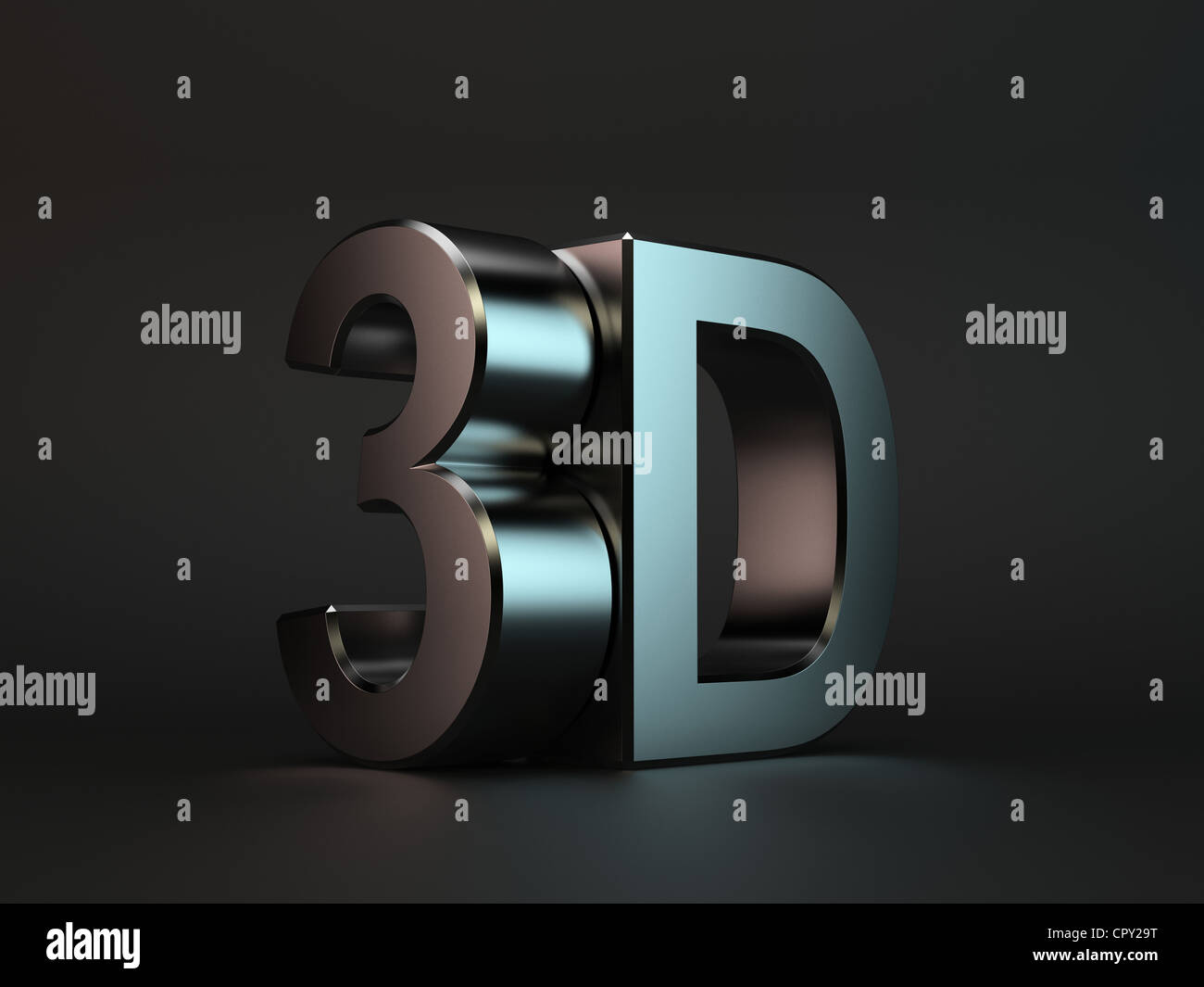 3D Rendering von 3D Text mit Reflektion auf schwarzem Hintergrund Stockfoto