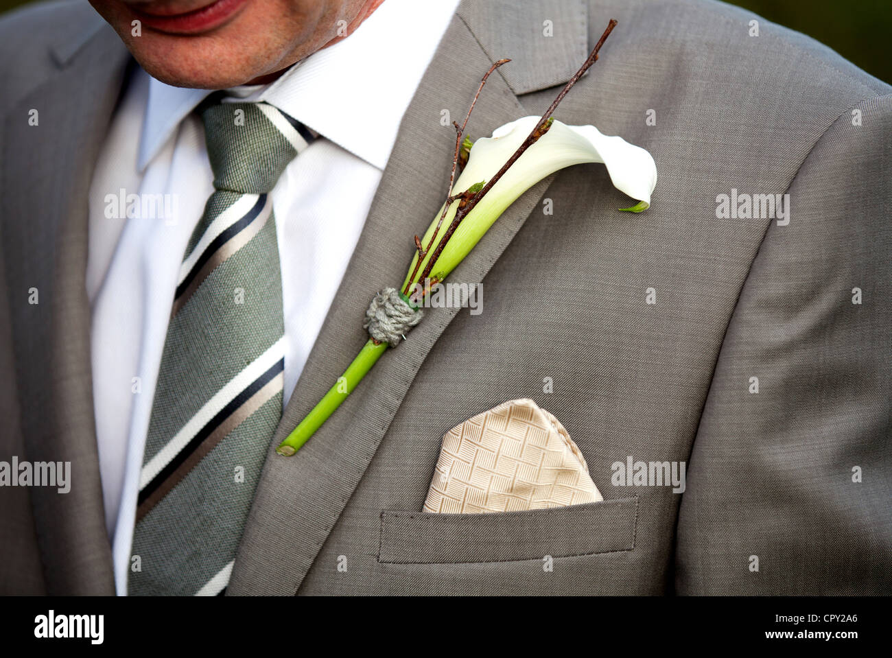 Eine Lilie, Lilium, Blume, die von einem Bräutigam bei einer Hochzeit auf dem Lapal eines eleganten Anzugs getragen wird. Ein Boutonniere Stockfoto