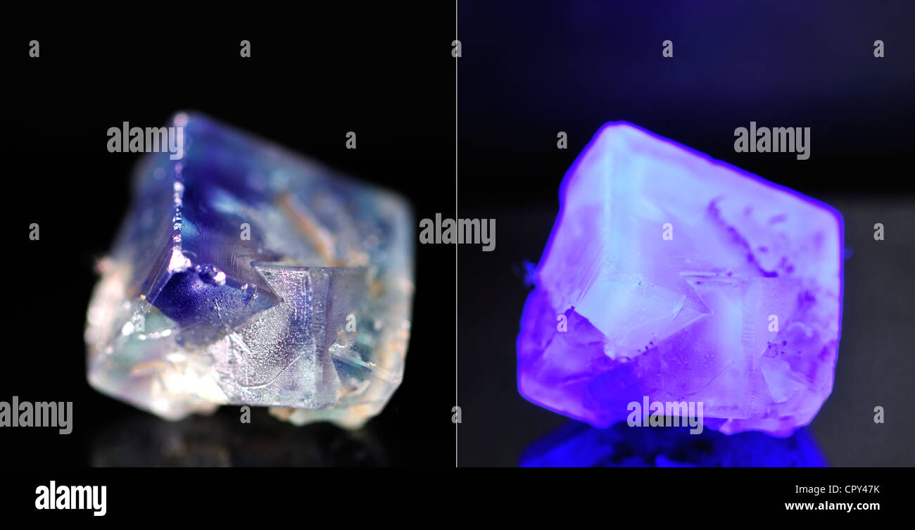Flourite (Kalzium Fluorid) Kristall unter Tageslicht (links) und Ultraviolett (rechts) Stockfoto