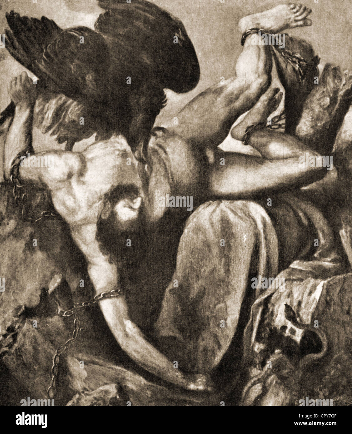 Prometheus, der griechische, auf einem Felsen geschmiedete, ein Adler pickte ihm die Leber aus, basierend auf einem Gemälde von Titian, Stockfoto