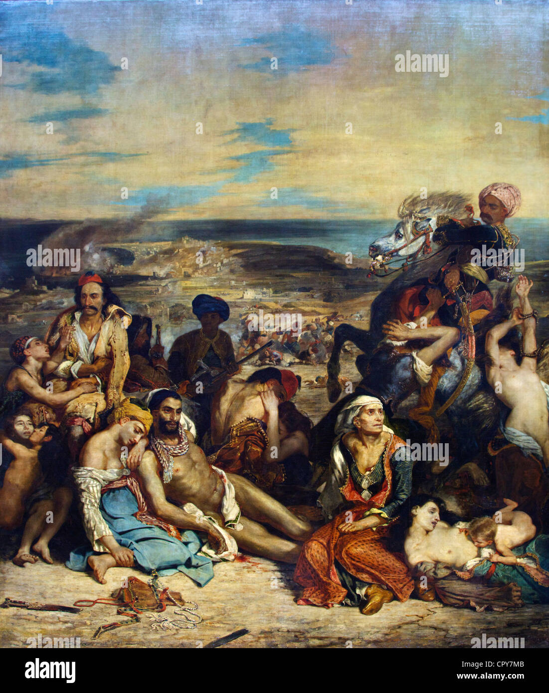 Szene der Massaker von Scio, griechische Familien kümmern sich um die Verwundeten oder Toten, Eugene Delacroix 1824 Musée du Louvre Paris Frankreich Stockfoto