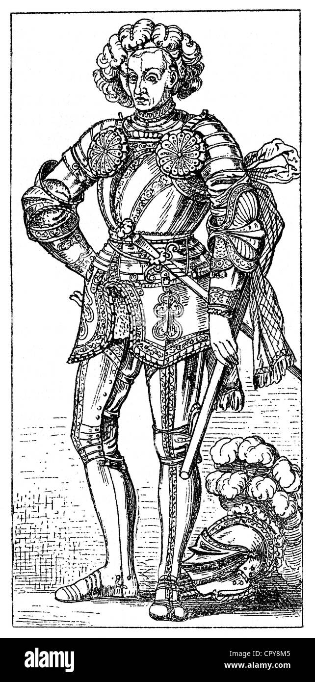 Philipp I. "der Großmütige", 13.11.1504 - 31.3.1567, Landgraf von Hessen 11.7.1509 - 31.3.1567, volle Länge, Holzgravur, 19. Jahrhundert, Stockfoto