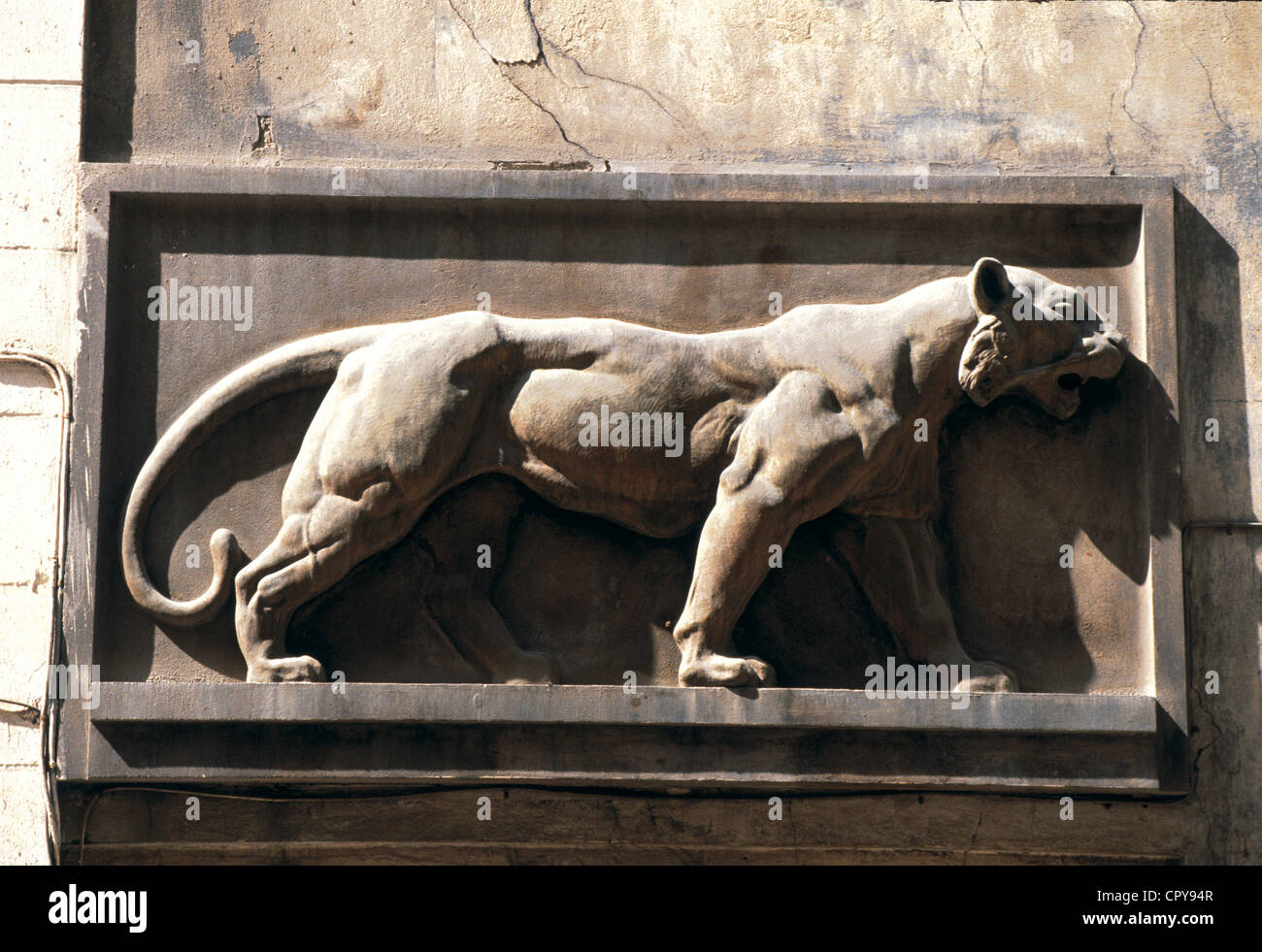 Czech Republic, Prague, XVII th century female lion carved on the facade of an ancient african lion tamer office in Mala Strana Stockfoto