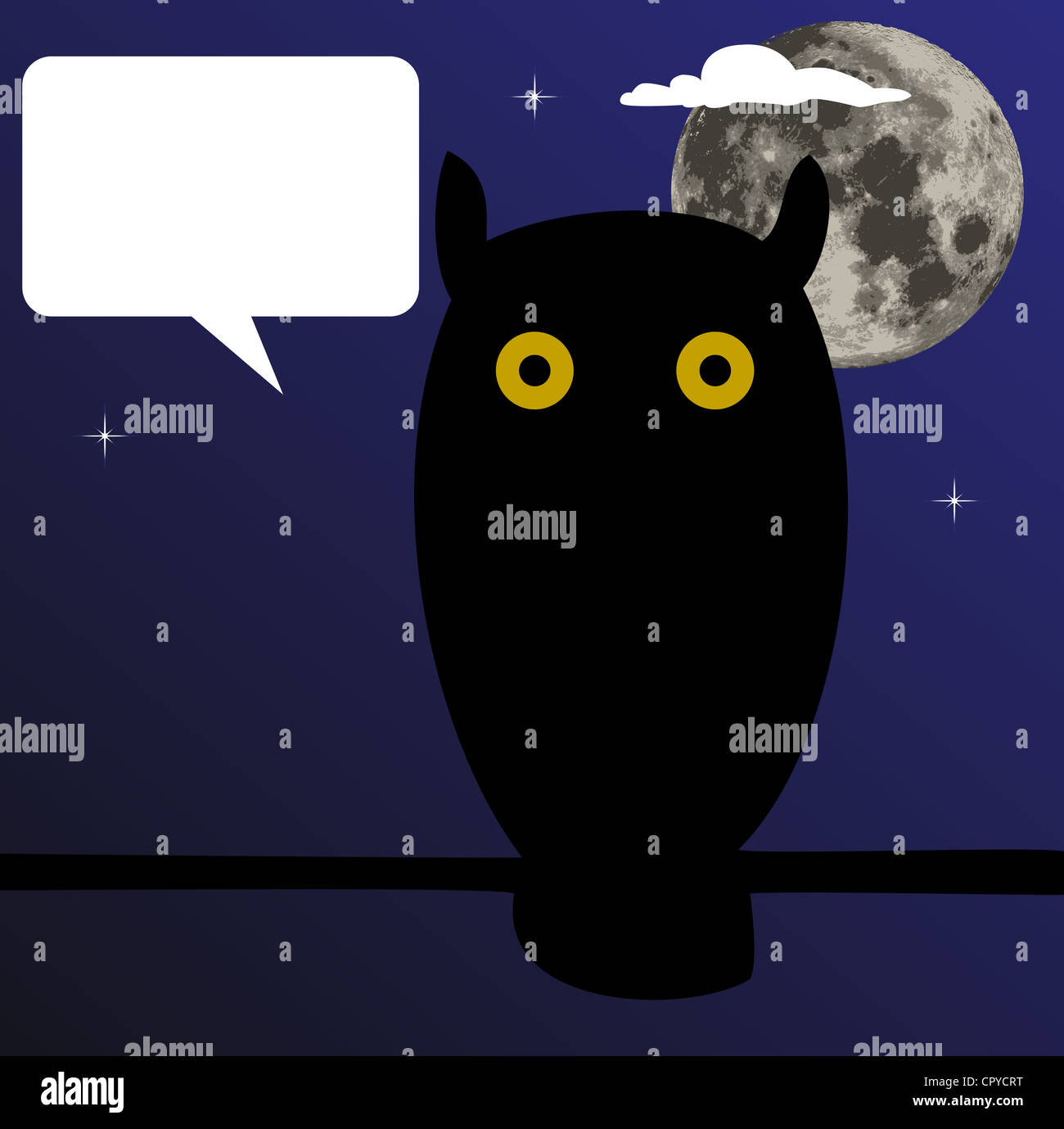 Eule auf Ast mit dem Mond im Hintergrund, ein Ballon für Ihren text Stockfoto
