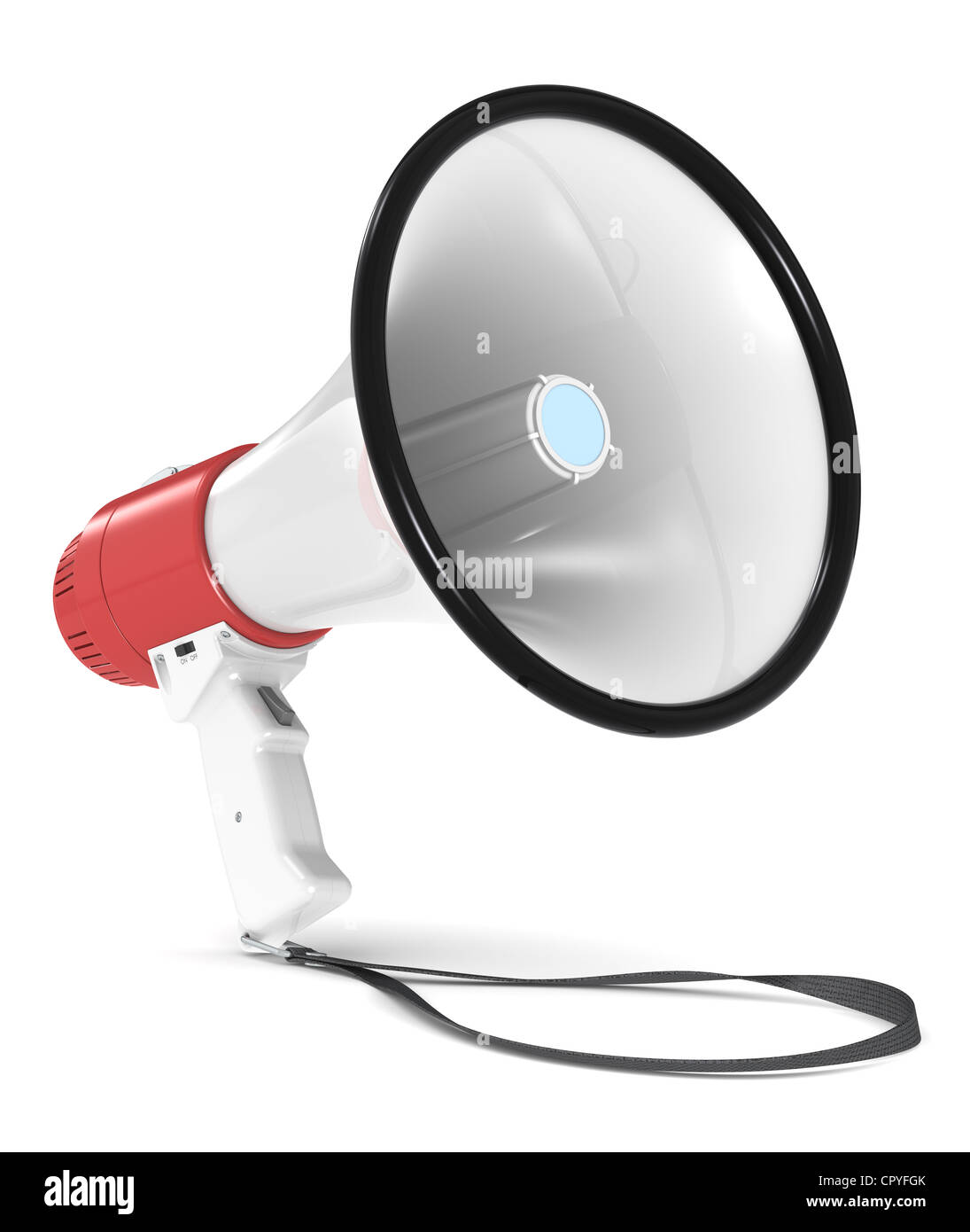 Rote und weiße Megaphone mit Gurt. Stock-Schatten. Stockfoto