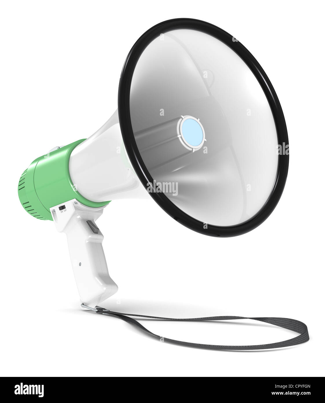 Grüne und weiße Megaphone mit Gurt. Stock-Schatten. Stockfoto