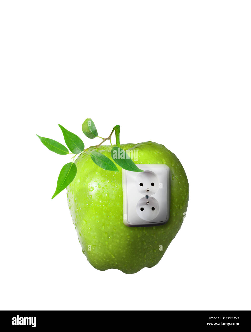 Grüne Energie-Konzept mit einem Apfel und Pflanze isoliert auf weißem Hintergrund Stockfoto