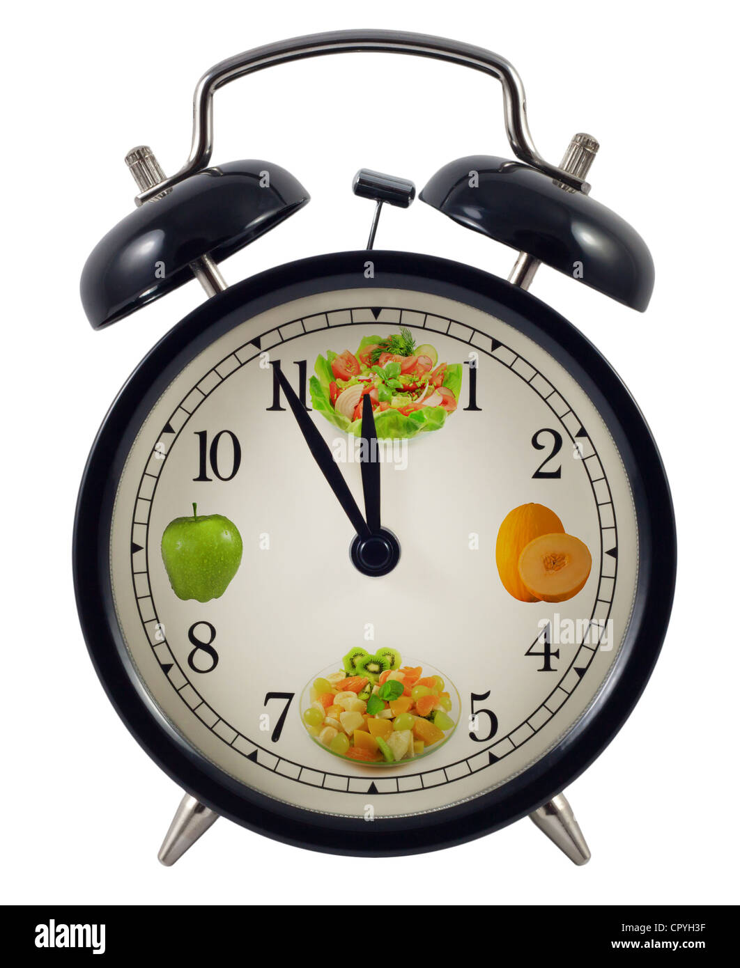 Diät-Uhr-Konzept mit gesunden Früchten und Gemüse isoliert auf weißem Hintergrund Stockfoto