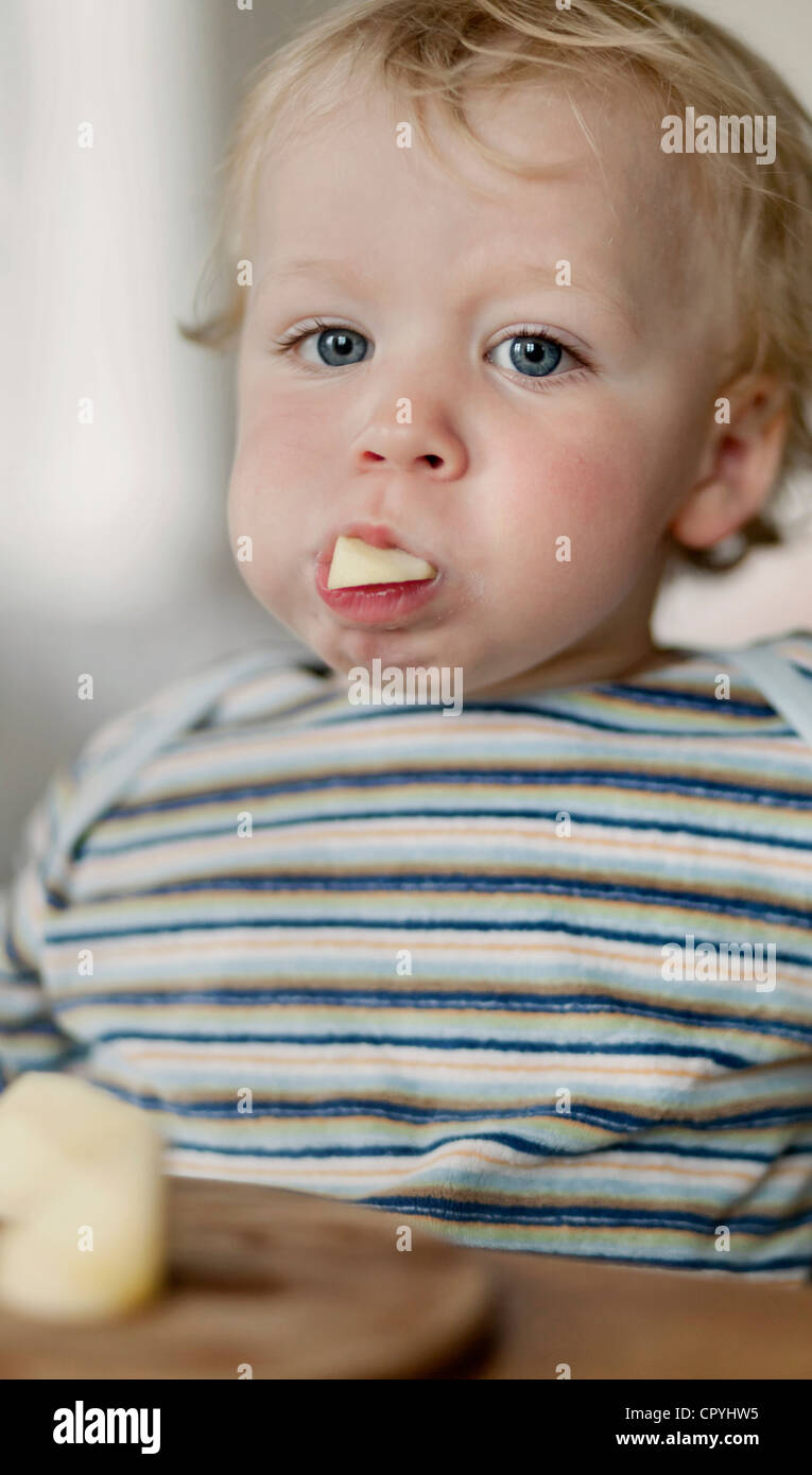 Junge (15 Monate) einen Apfel essen Stockfoto