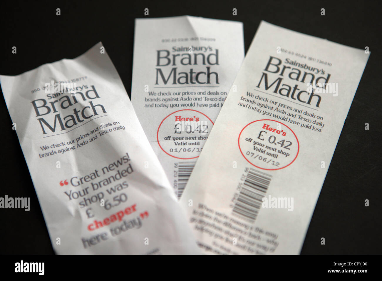 Marke Match Einnahmen aus Sainsbury Supermarkt zeigt, wie viel Sie gespart, shopping in ihren Shop und Geld Rabatt coupons Stockfoto