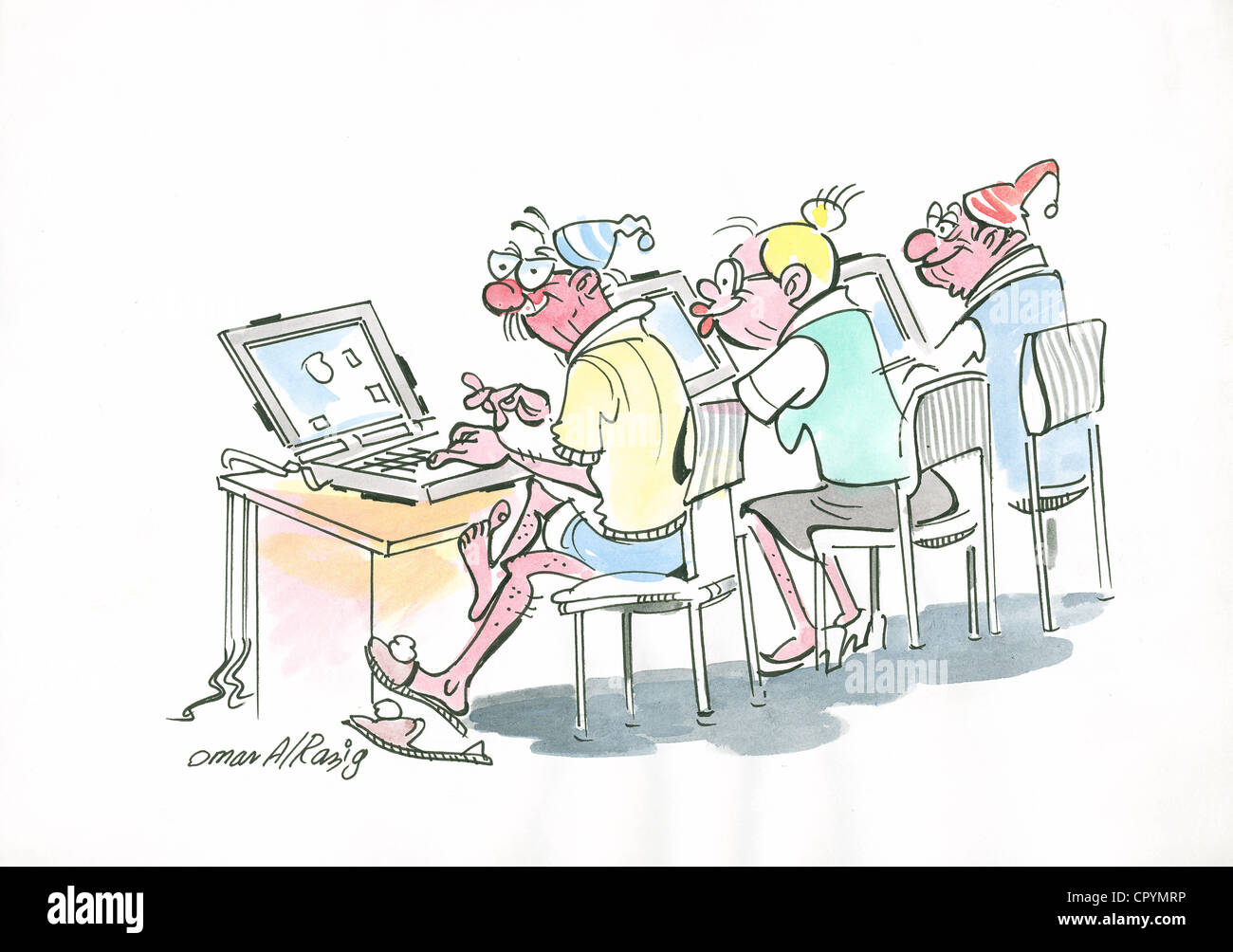 Ihr nie zu alt, um etwas Neues zu lernen. Lernen Computer-Zeitalter alte Internet web-net pc-Cartoons Stockfoto