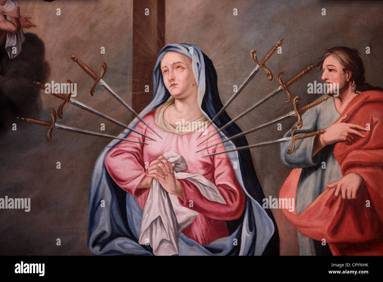 Detail der Mary es sieben leiden, unserer lieben Frau Mariä Himmelfahrt Kirche, Cordon, Haute-Savoie, Frankreich, Europa Stockfoto